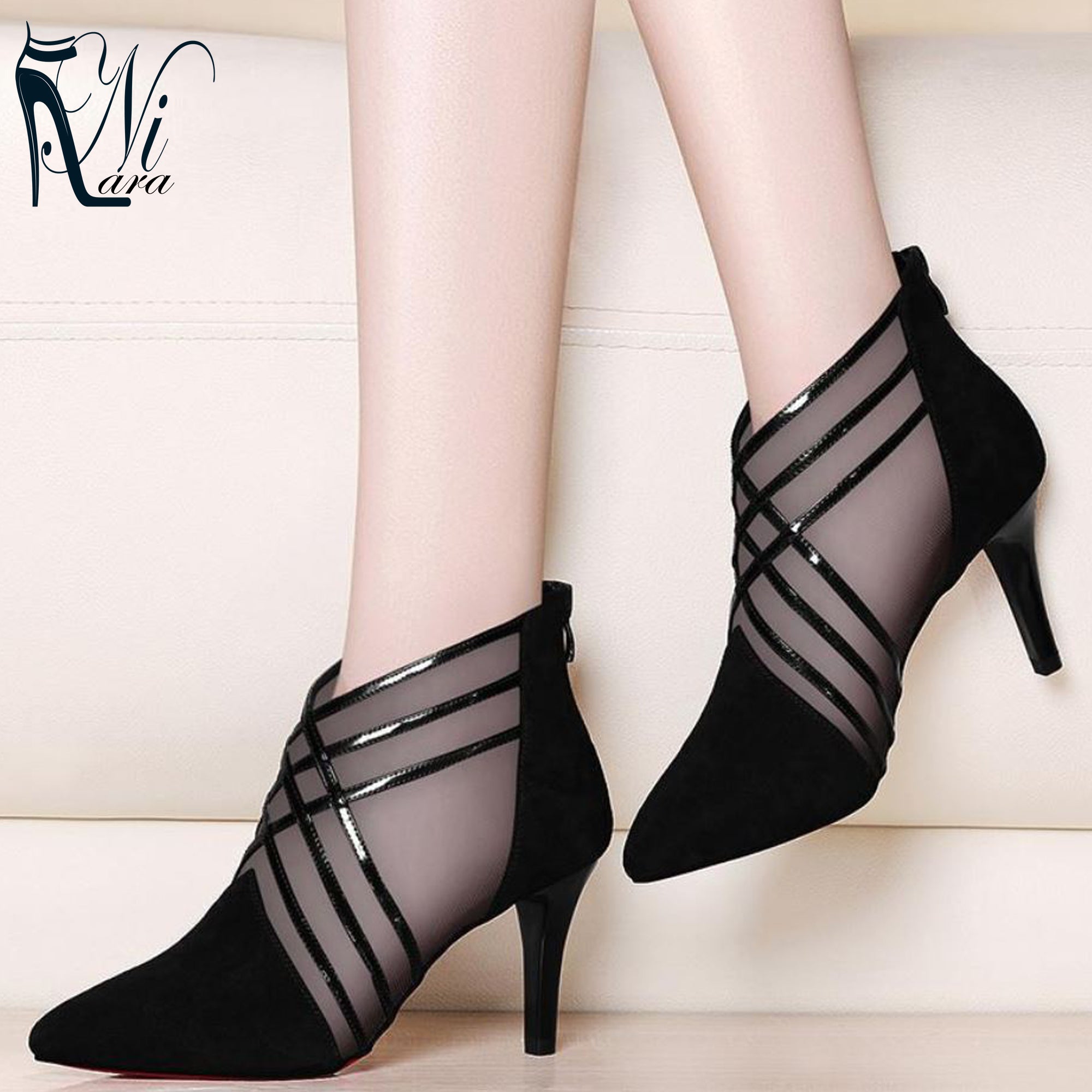 2020 new arrived woman mesh ankle boots for women summer 10cm thin heels boots sandal ladies pointed toe shoes sandals sandalias