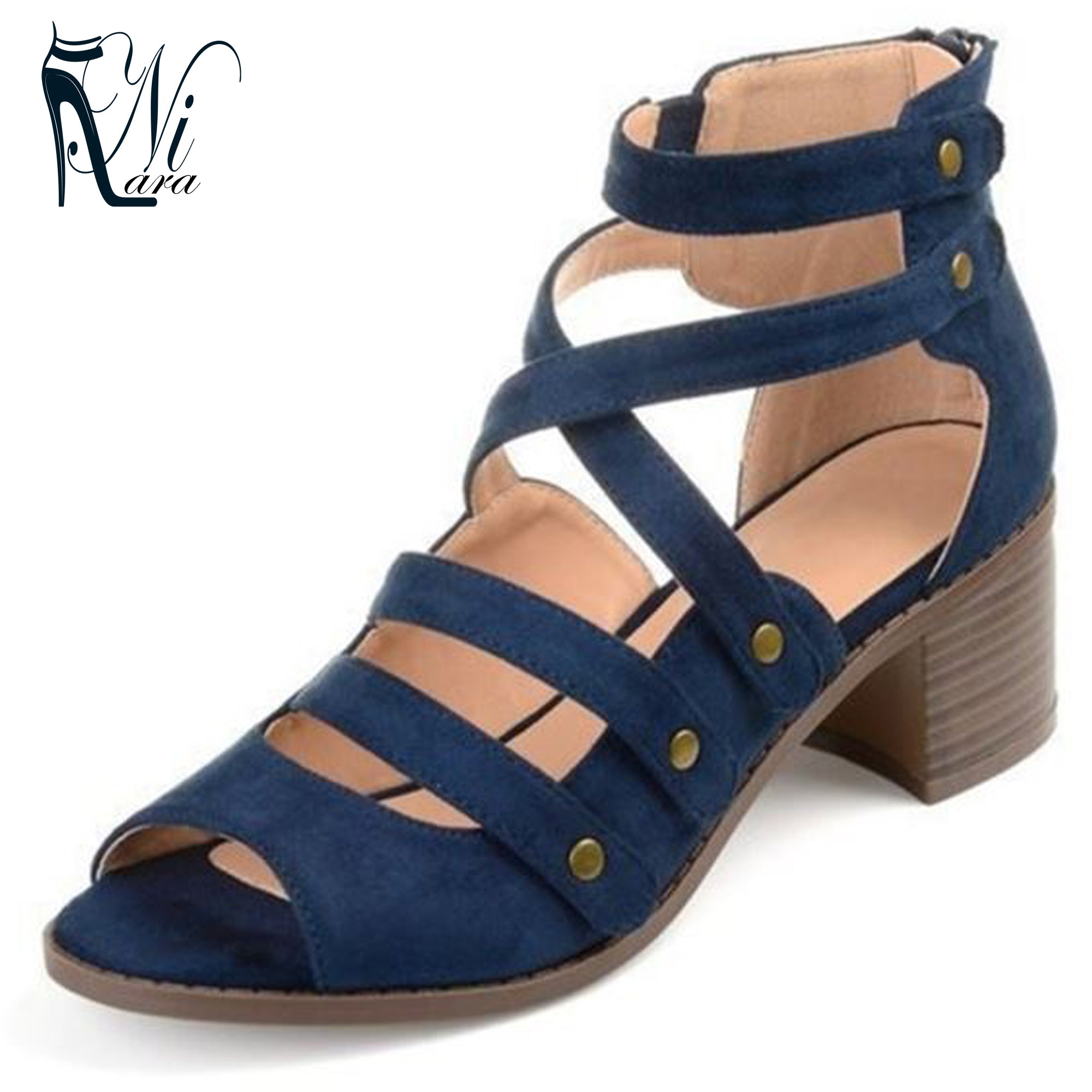 Woman Sandals Shoes Summer Style Pumps High Heels Thick Peep Toe Zip Fashion Rivet Solid Gladiator Plus Size 34-43