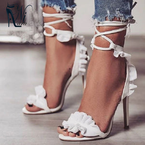 High Heels Sandals Women Pumps Thin Heel Ruffle Lace-Up Summer Shoes Fashion White Pompes Femme Women shoes