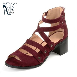 Woman Sandals Shoes Summer Style Pumps High Heels Thick Peep Toe Zip Fashion Rivet Solid Gladiator Plus Size 34-43