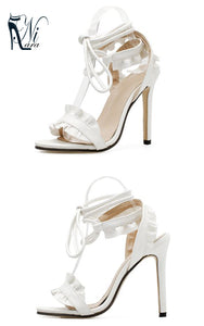 High Heels Sandals Women Pumps Thin Heel Ruffle Lace-Up Summer Shoes Fashion White Pompes Femme Women shoes