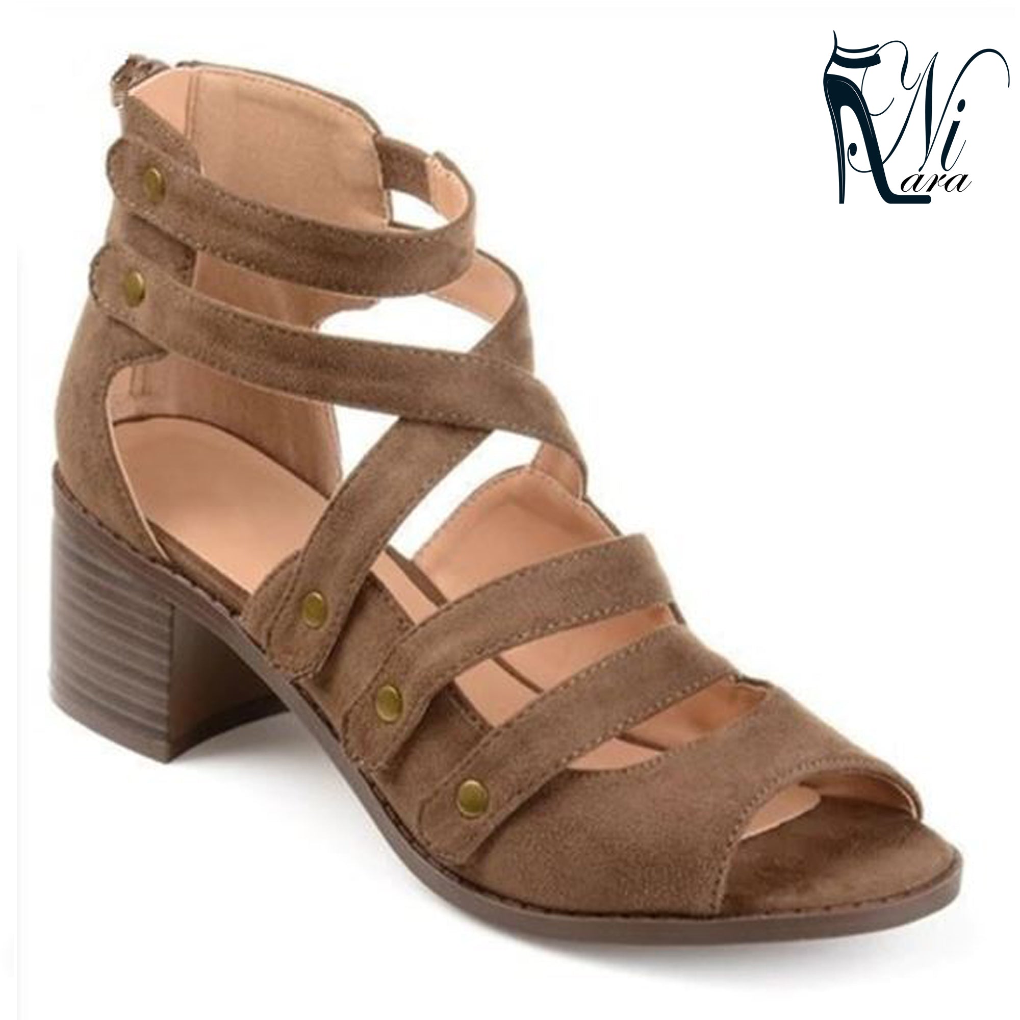 Woman Sandals Shoes Summer Style Pumps High Heels Thick Peep Toe Zip Fashion Rivet Solid Gladiator Plus Size 34-43