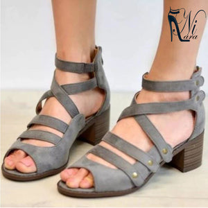 Woman Sandals Shoes Summer Style Pumps High Heels Thick Peep Toe Zip Fashion Rivet Solid Gladiator Plus Size 34-43