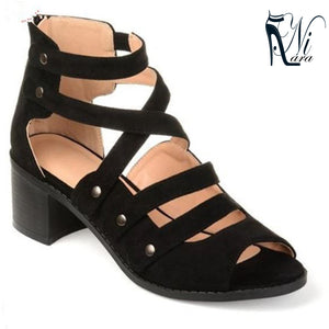 Woman Sandals Shoes Summer Style Pumps High Heels Thick Peep Toe Zip Fashion Rivet Solid Gladiator Plus Size 34-43