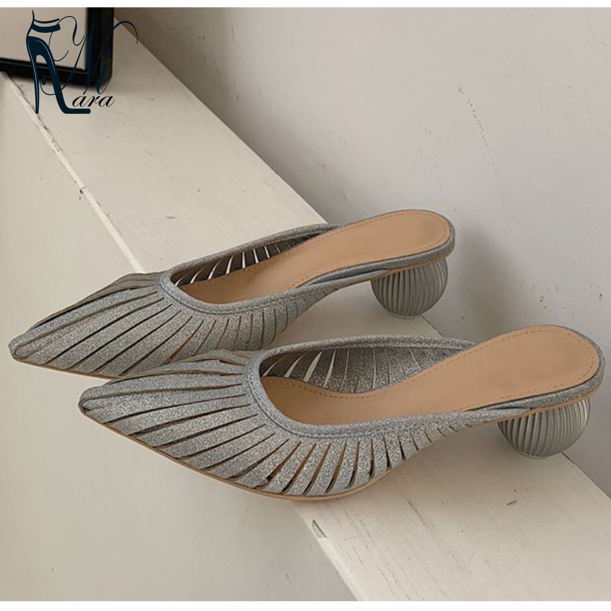 Silver Black Elegant Hollow Pointed Toe Pumps Shoes For Women Summer Slippers Fashion Round Ball Heel Designer Sandals