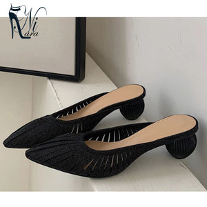 Silver Black Elegant Hollow Pointed Toe Pumps Shoes For Women Summer Slippers Fashion Round Ball Heel Designer Sandals