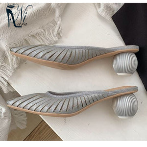 Silver Black Elegant Hollow Pointed Toe Pumps Shoes For Women Summer Slippers Fashion Round Ball Heel Designer Sandals