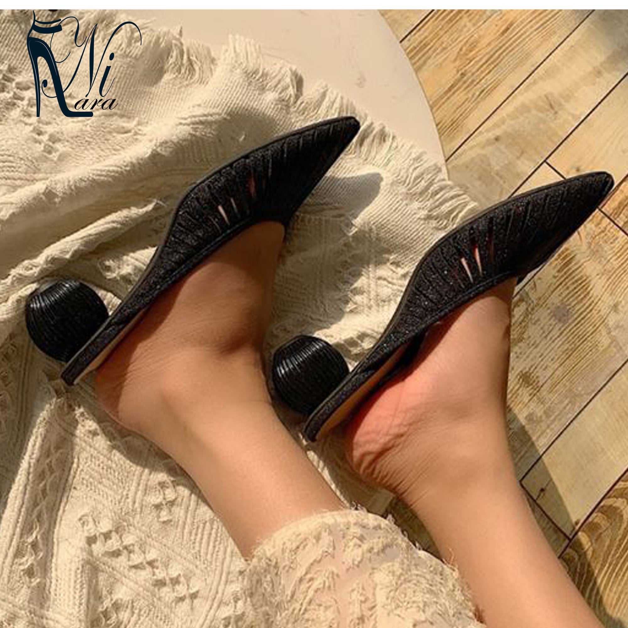 Silver Black Elegant Hollow Pointed Toe Pumps Shoes For Women Summer Slippers Fashion Round Ball Heel Designer Sandals