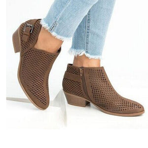 Leather Shoes Women Summer Style Ankle Boots Hollow Out Breathable Low Heel Soft Cutout Breathable Black Shoes Plus Size 35-43