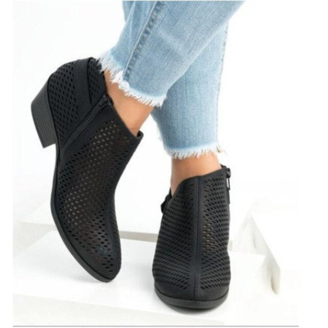 Leather Shoes Women Summer Style Ankle Boots Hollow Out Breathable Low Heel Soft Cutout Breathable Black Shoes Plus Size 35-43