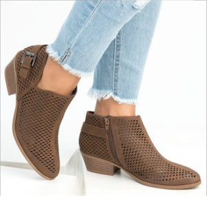 Leather Shoes Women Summer Style Ankle Boots Hollow Out Breathable Low Heel Soft Cutout Breathable Black Shoes Plus Size 35-43