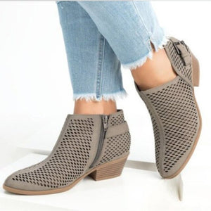 Leather Shoes Women Summer Style Ankle Boots Hollow Out Breathable Low Heel Soft Cutout Breathable Black Shoes Plus Size 35-43